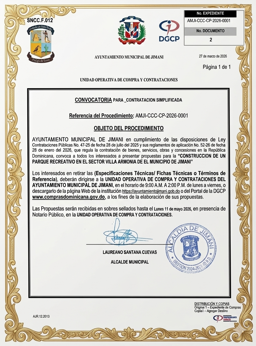 Convocatoria Contratación Simplificada (Ref.: AMJI-CCC-CP-2026-0001) para la construcción de un parque recreativo en el sector Villa Armonía.